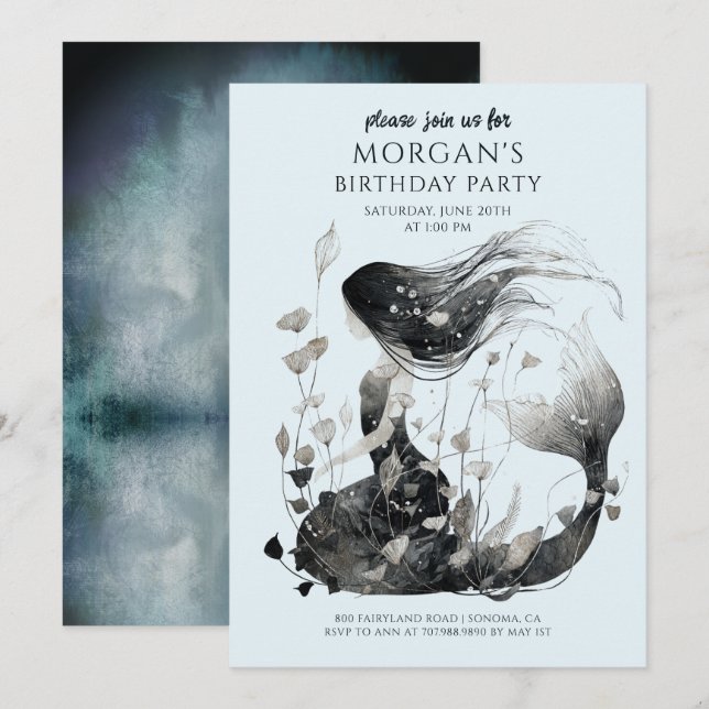 Magical Mermaid Watercolor Girl's Birthday Invitation (Front/Back)