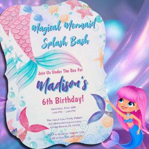 Magical Mermaid Watercolor Tail Birthday Party Invitation