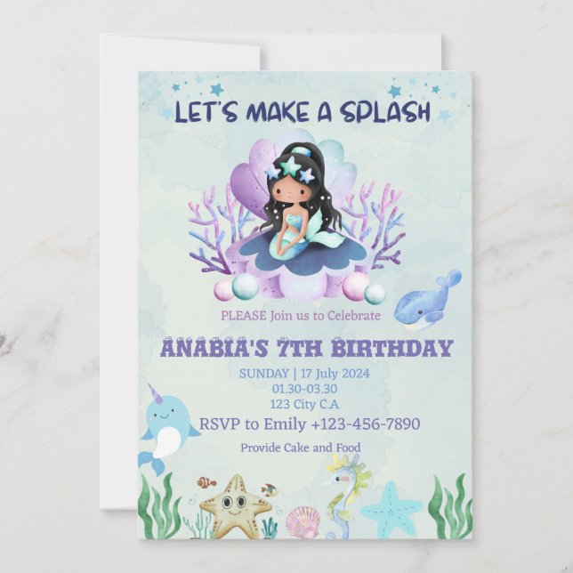 Magical Mermaid Watercolour Birthday Invitation (Front)