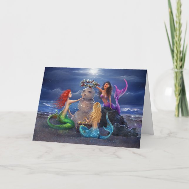 Magical Mermaids on the Beach Colourful Christmas Holiday Card (Front)