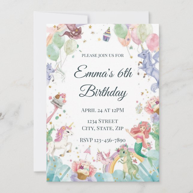 Magical Mermaids Unicorns Rainbows Kids Birthday Invitation (Front)