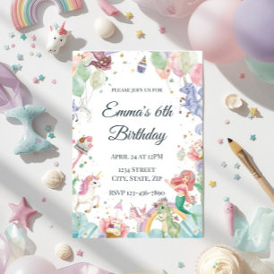 Magical Mermaids Unicorns Rainbows Kids Birthday Invitation