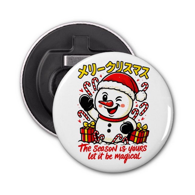 Magical Merry Christmas Snowman Festive Candy Cane Bottle Opener (Front)