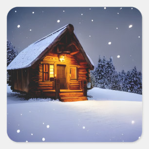Magical Midnight winter Cabin Square Sticker