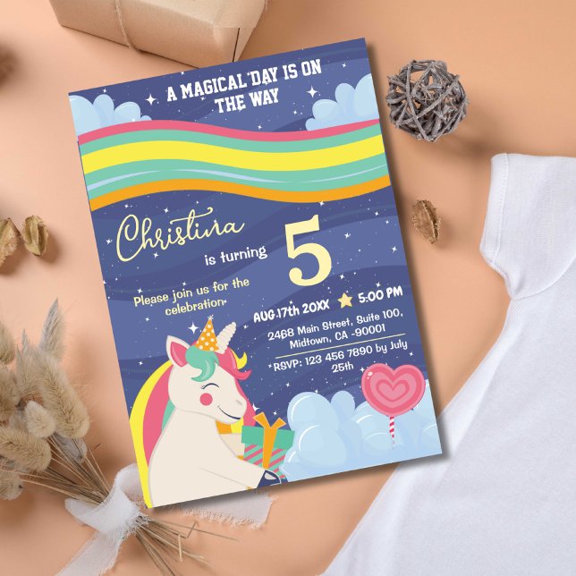 Magical modern unicorn rainbow stars 5th birthday invitation (Creator Uploaded)