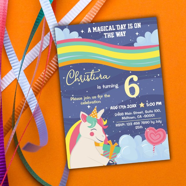 Magical modern unicorn rainbow stars 6th birthday  invitation (Creator Uploaded)