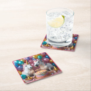 Magical Moments: A White Unicorns' Birthday Bash Square Paper Coaster