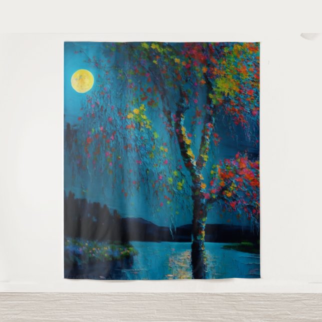 Magical Moon River Tree in oil painting style Tapestry (Front)