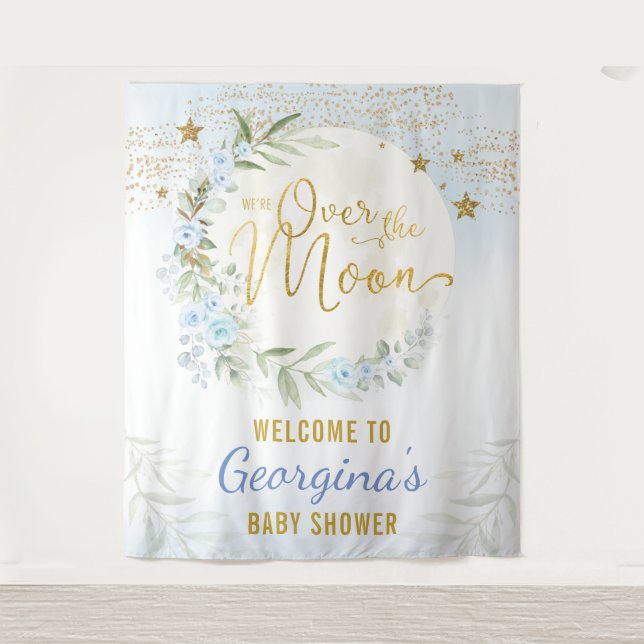 Magical Moon Stars Blue Gold Baby Boy Welcome Tapestry (Front)