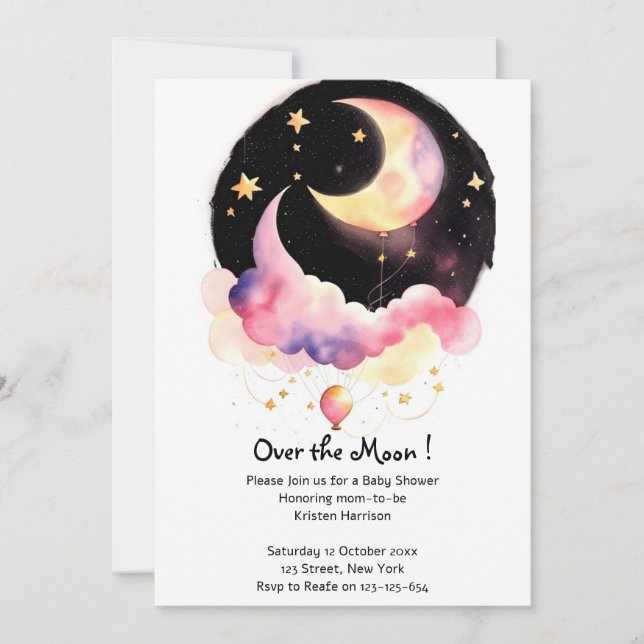 Magical Moon & Stars Watercolor Baby Girl Shower Invitation (Front)