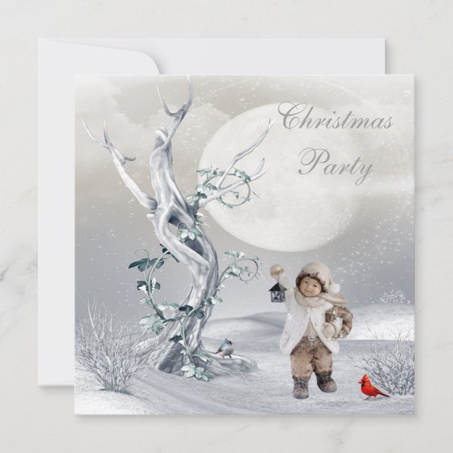 Magical Moon Winter Scene Boy & Birds Christmas Invitation (Front)