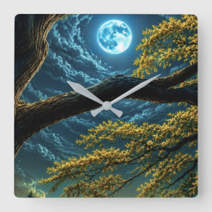 Magical Moonlit Forest Wall Clock – Glowing Full