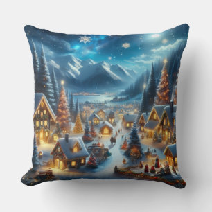 Magical Moonlit Snowy Christmas Village Cushion
