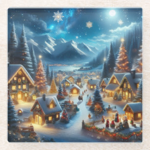 Magical Moonlit Snowy Christmas Village Glass Coaster