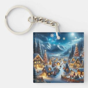 Magical Moonlit Snowy Christmas Village Key Ring