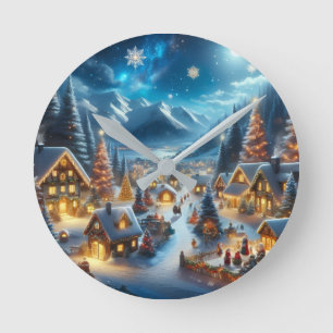 Magical Moonlit Snowy Christmas Village Round Clock