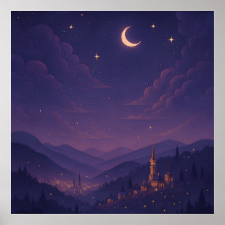 Magical Moonlit Village Nightscape Poster