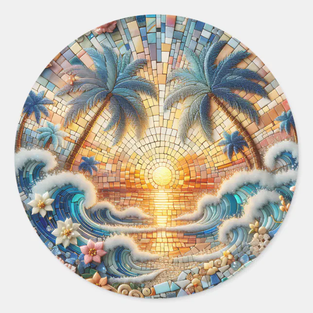 Mosaico Sticker Magical Mosaic Tropical Ocean Sunset Classic Round Sticker | Zazzle