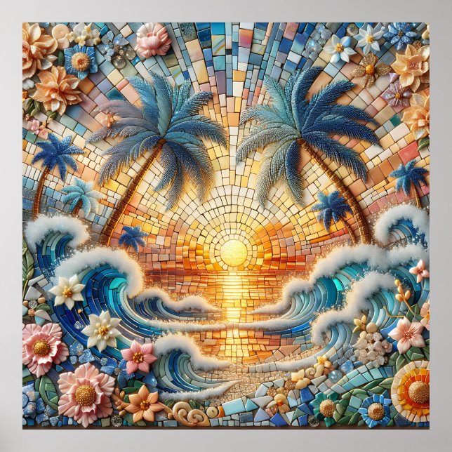 Magical Mosaic Tropical Ocean Sunset Poster (Front)