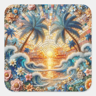 Magical Mosaic Tropical Ocean Sunset Square Sticker