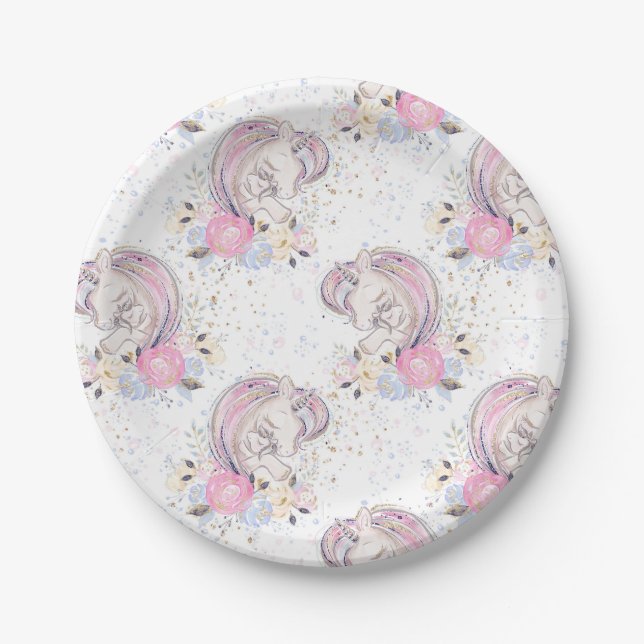Magical Mother & Baby Unicorn Glitter Baby Shower Paper Plate (Front)