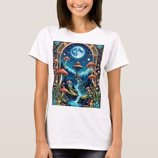 Magical Mushroom Fantasy Moonlit Forest T-Shirt (Front)