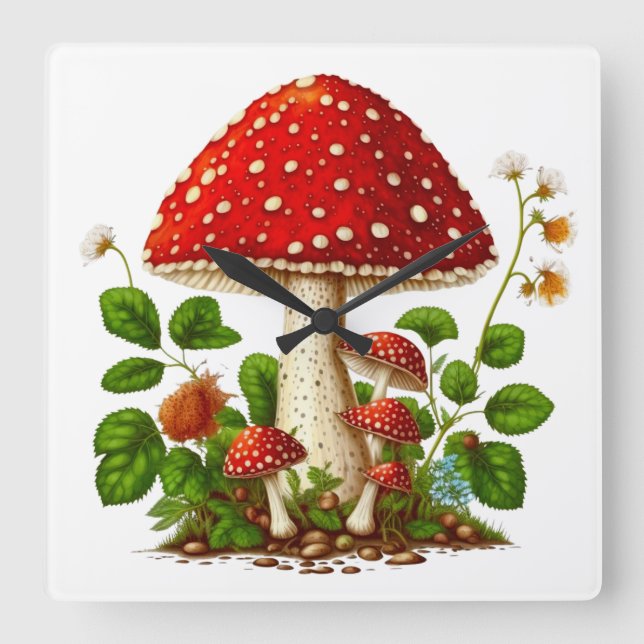 MAGICAL MUSHROOM Wall Clock, 27.3cm Square Acrylic Square Wall Clock (Front)