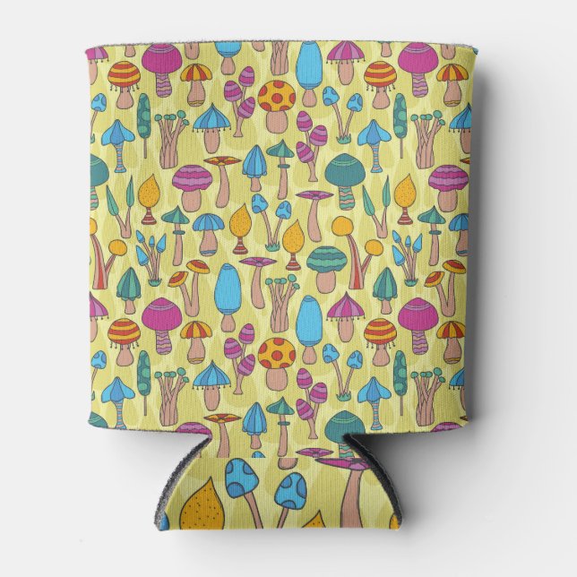 Magical Mushrooms Doodle Seamless Pattern Can Cooler (Front)
