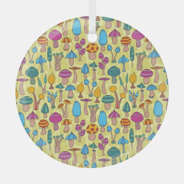 Magical Mushrooms Doodle Seamless Pattern Glass Tree Decoration (Front)