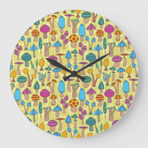 Magical Mushrooms Doodle Seamless Pattern Large Clock