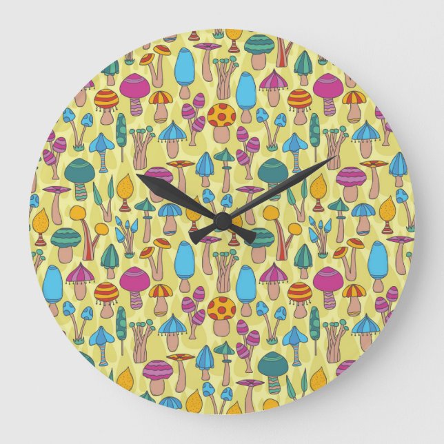 Magical Mushrooms Doodle Seamless Pattern Large Clock (Front)