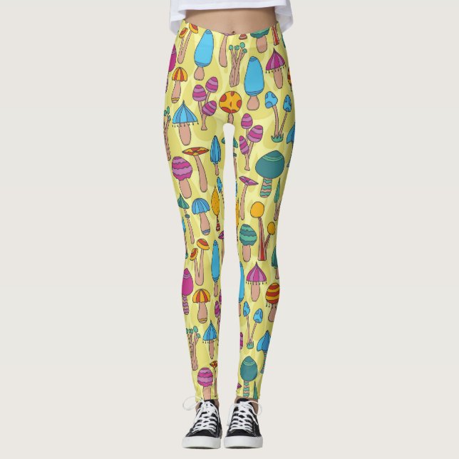 Magical Mushrooms Doodle Seamless Pattern Leggings (Front)