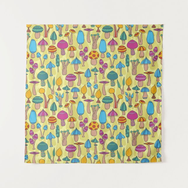 Magical Mushrooms Doodle Seamless Pattern Tapestry (Front)
