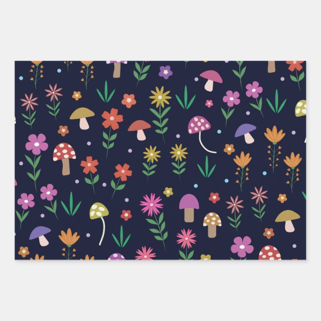 Magical Mushrooms With Whimsical Flowers Pattern  Wrapping Paper Sheet (Front)
