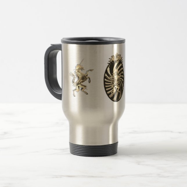 Magical Mythical Golden Unicorn Travel Mug (Front Left)