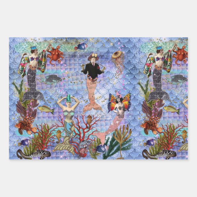 Magical Mythical Mermaids surrounded by sea life Wrapping Paper Sheet (Front 3)