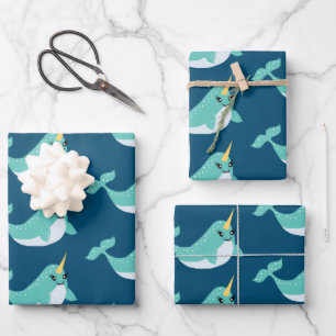 Magical Narwhals with Eyelashes Pattern Wrapping Paper Sheet