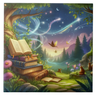 Magical Nature and Old Books Ceramic Tile