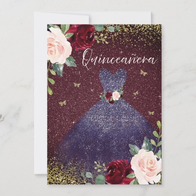 Magical Navy Dress Burgundy Red Floral Quinceanera Invitation (Front)