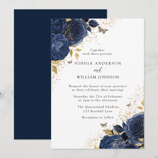 Magical Navy Indigo Blue Roses & Gold Wedding Invitation (Front/Back)
