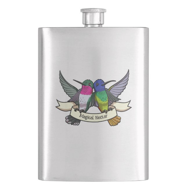 Magical Nectar Cute Hummingbirds Holding Ribbon Hip Flask (Front)