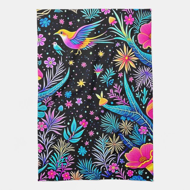 Magical Neon Forest Night Dream Design Tea Towel (Vertical)