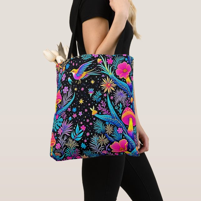 Magical Neon Forest Night Dream Design Tote Bag (Close Up)