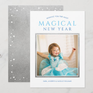 Magical New Year Blue Silver Photo Wishes Holiday Card