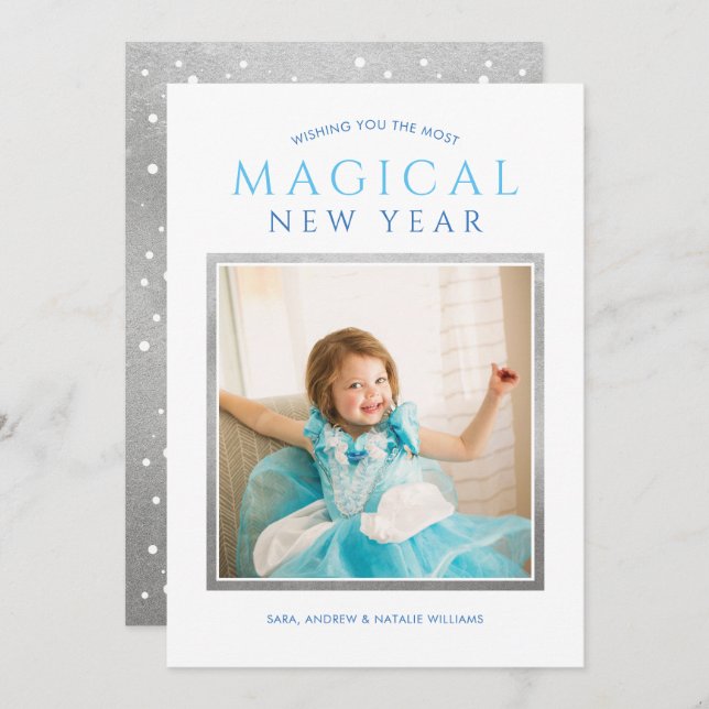 Magical New Year Wishes Blue Silver Photo Holiday Card (Front/Back)