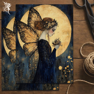 Magical Night Fairy with Flowers Under Golden Moon Tissue Paper