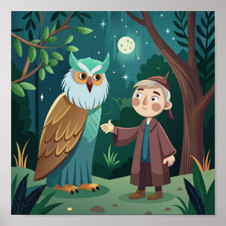 Magical Night in the Forest: Boy and Owl Poster