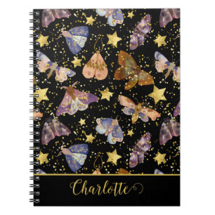 Magical Night Moth Butterflies Glitter Stars Name Notebook