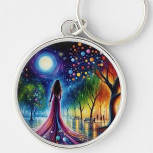 Magical night sky with glowing orbs lanterns art key ring