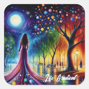 Magical night sky with glowing orbs lanterns art square sticker